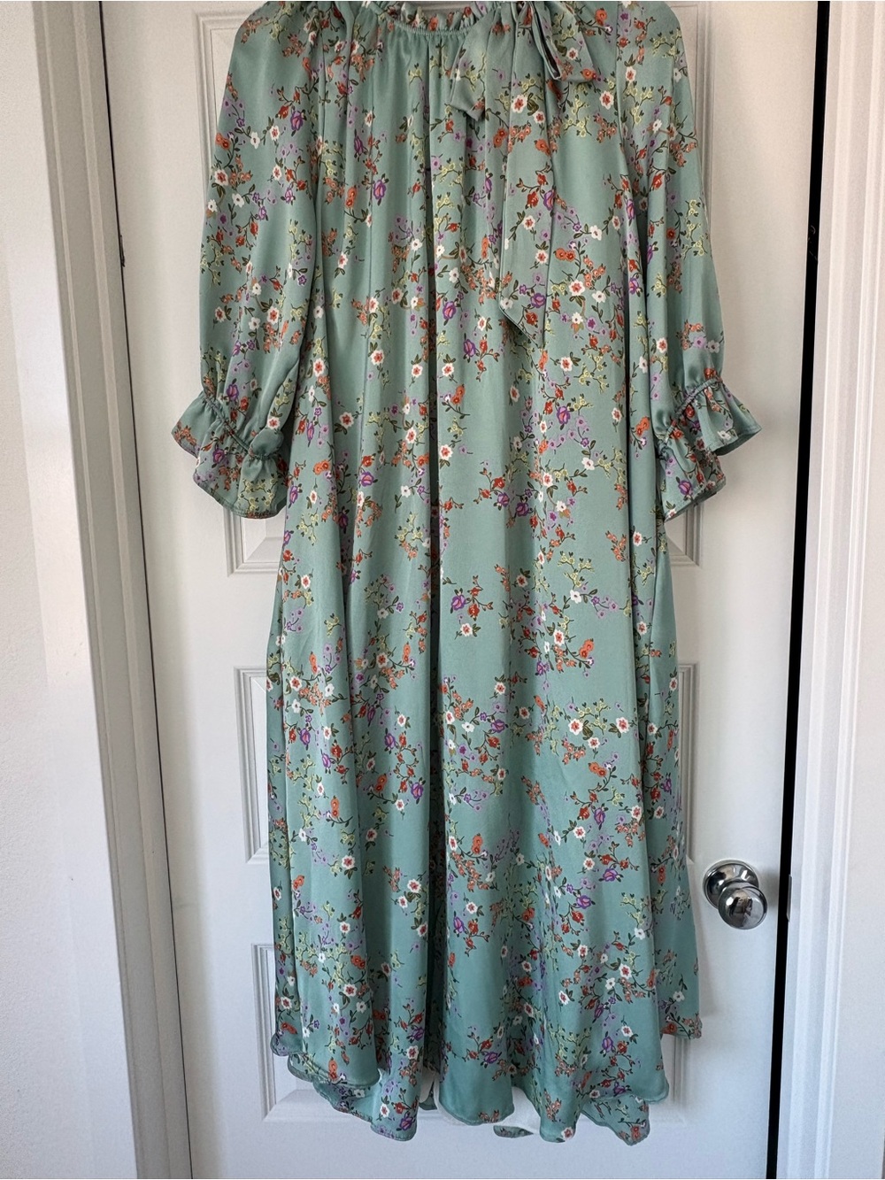 Mint Green Floral Tie-Neck Maxi Dress